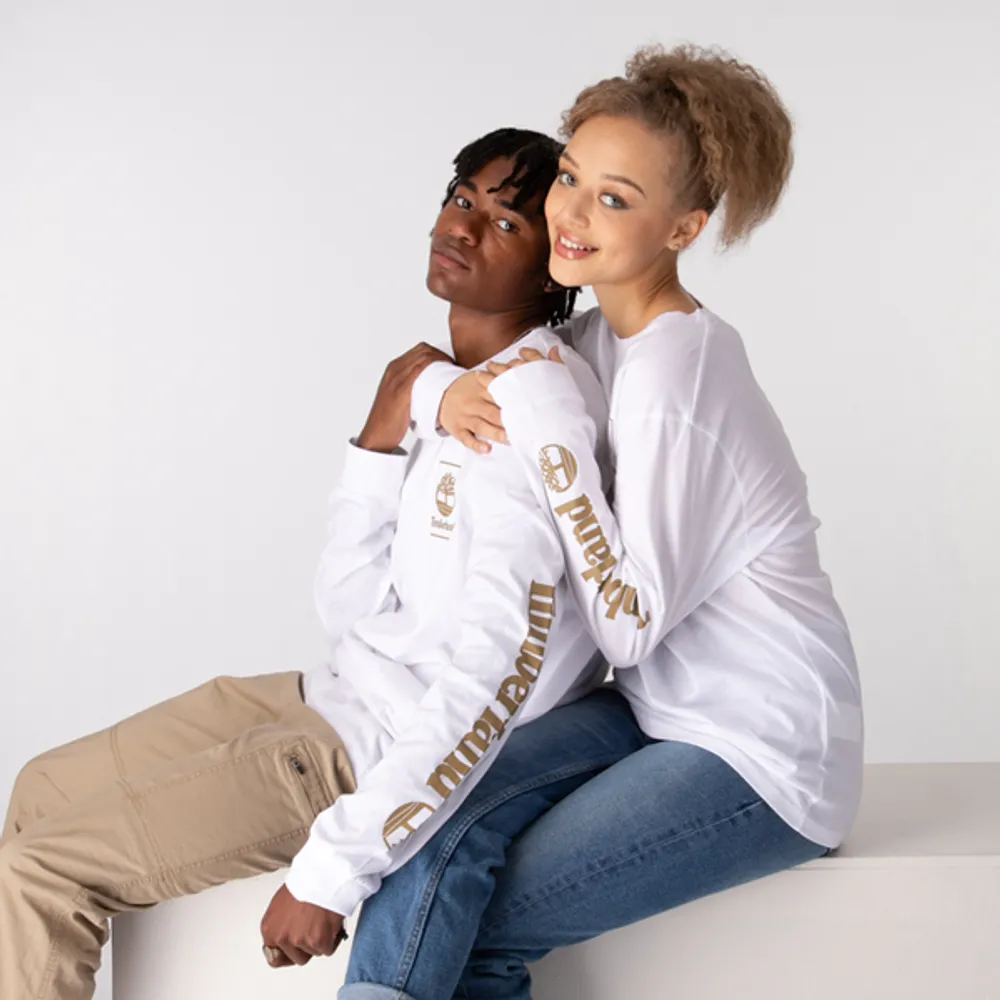 Mens Timberland Stacked Logo Long Sleeve Tee - White