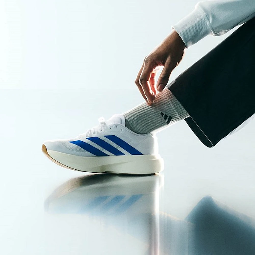 Mens adidas Adizero EVO SL Athletic Shoe - White / Team Royal Blue Pure Ruby