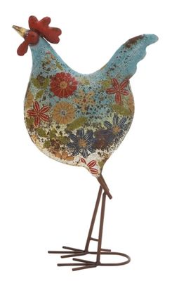 Blue Floral Metal Rooster Statue