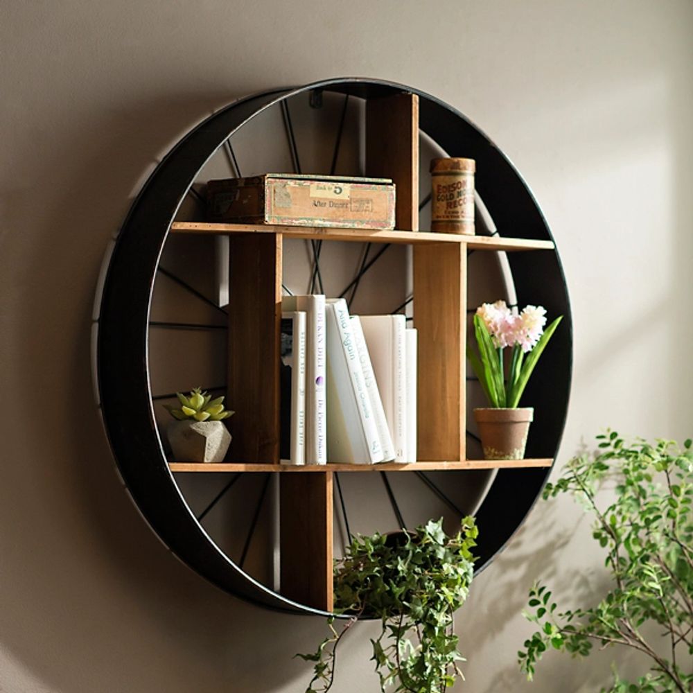 Wood and Iron Bicycle Wheel Shelf