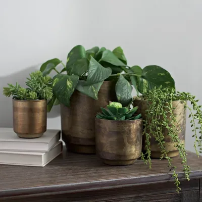 Aged Brass Flower Pots, Set of 4