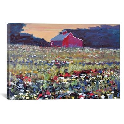 Red Barn and Flowers Canvas Art Print