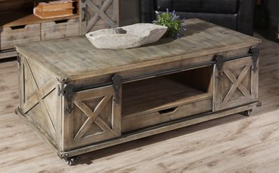 Rustic Gray Wood Rolling Barn Door Coffee Table