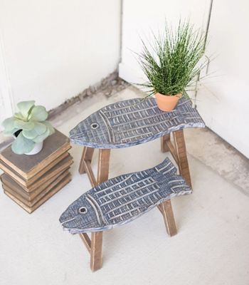 Wooden Fish Stool Plant Stands, Set of 2