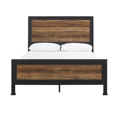 Industrial Rustic Oak Queen Bed with Metal Frame