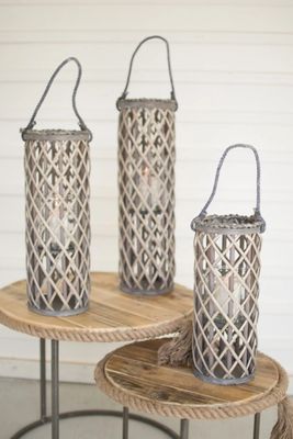 Gray Willow Lanterns with Glass Pillars, Set of 3