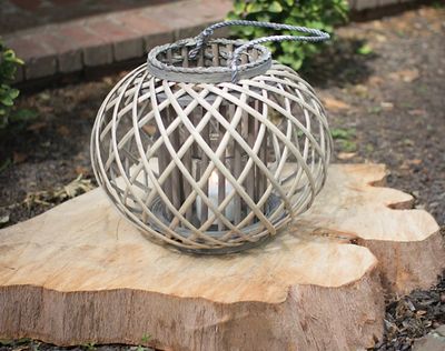 Round Gray Willow Lantern with Glass Pillar