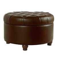Brown Faux Leather Tufted Round Storage Ottoman