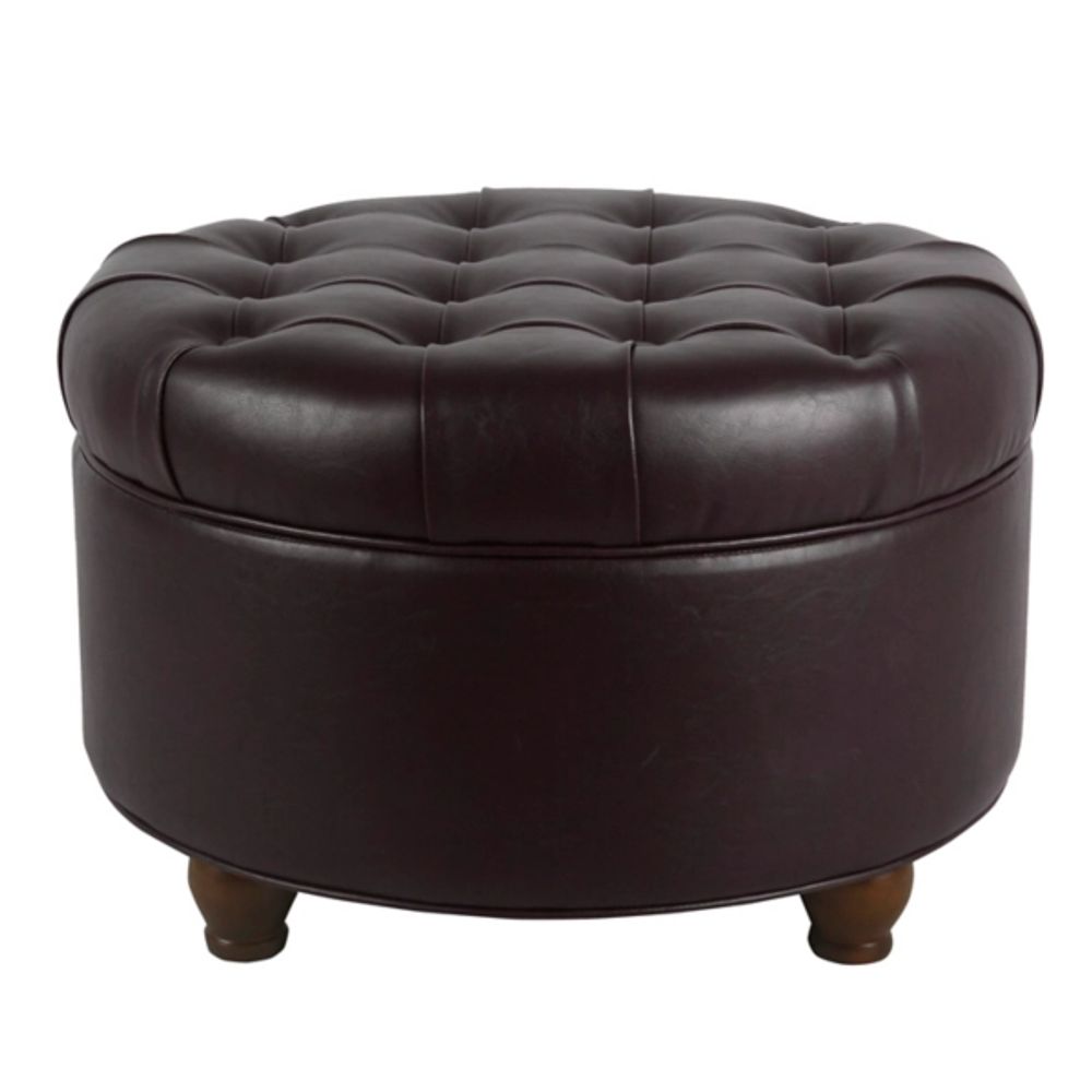 Brown Faux Leather Tufted Round Storage Ottoman