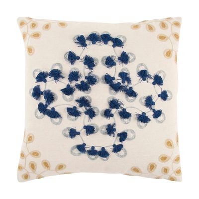 Blue and Gold Floral Fringe Pillow