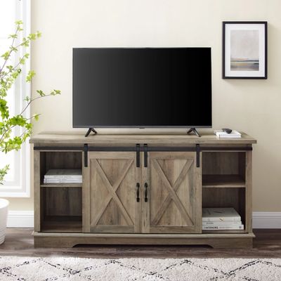 Sliding Barn Door Open Shelf Gray Wash TV Stand