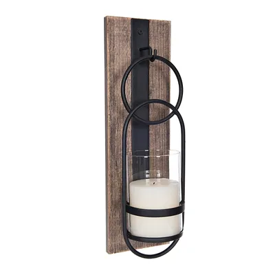 Wood and Black Metal Geometric Sconce