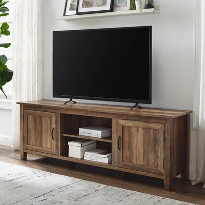 Rustic Oak Wood Grooved Door TV Stand