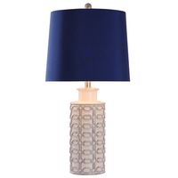 White Ceramic Geometric Table Lamp with Blue Shade