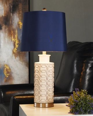 White Ceramic Geometric Table Lamp with Blue Shade