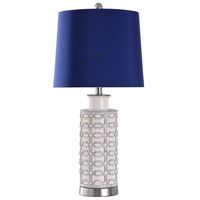 White Ceramic Geometric Table Lamp with Blue Shade