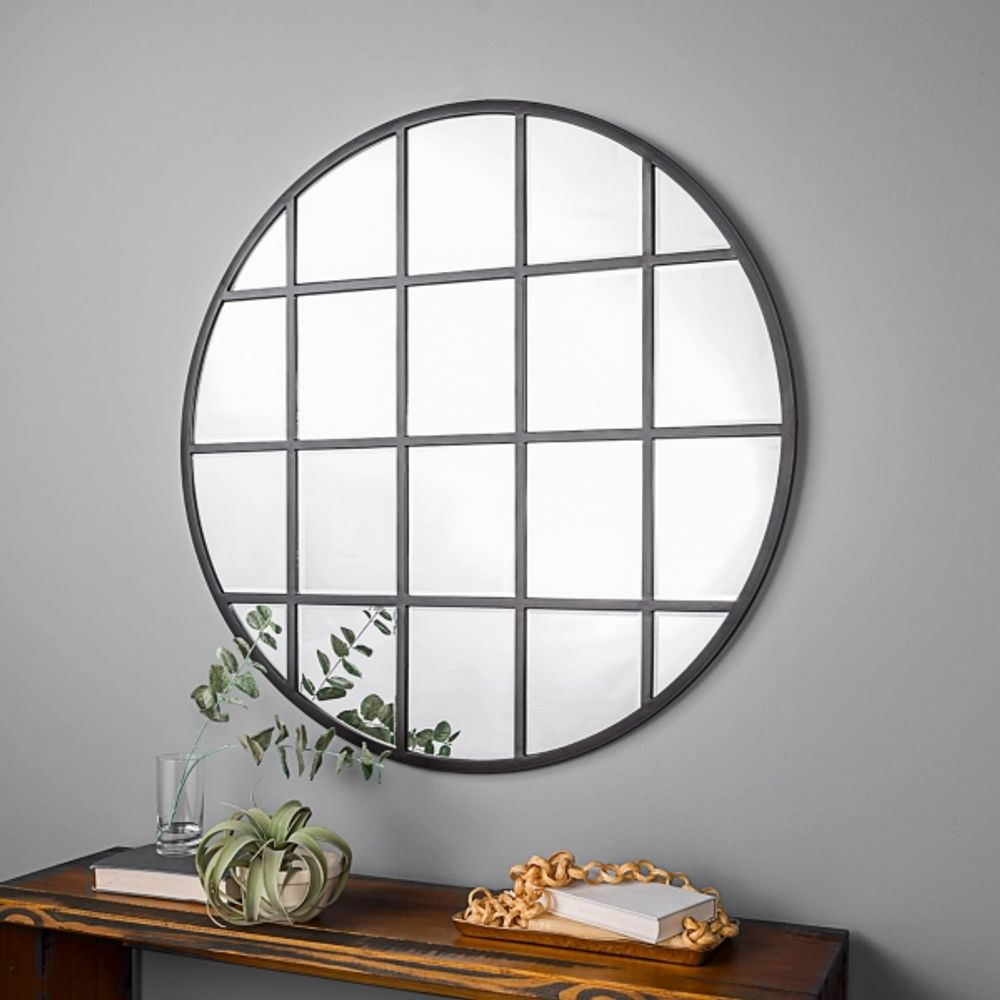 Round Windowpane Wall Mirror, 40 in.