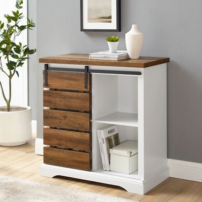 Slatted Sliding Barn Door White and Oak Cabinet