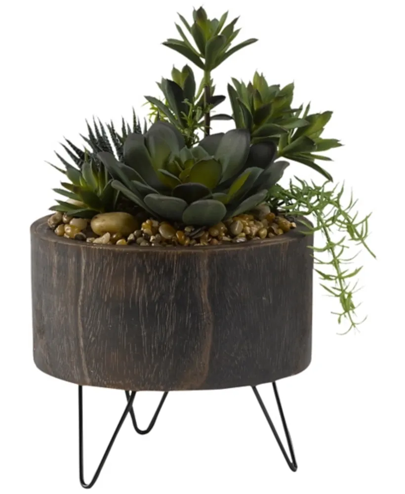 Mixed Greenery Arrangement in Round Wooden Planter