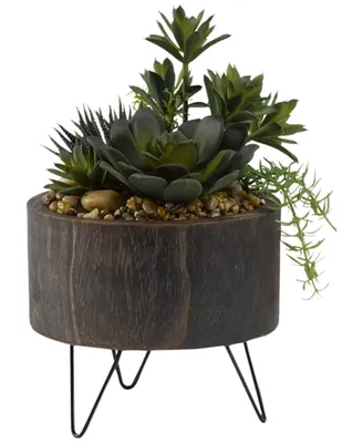 Mixed Greenery Arrangement in Round Wooden Planter