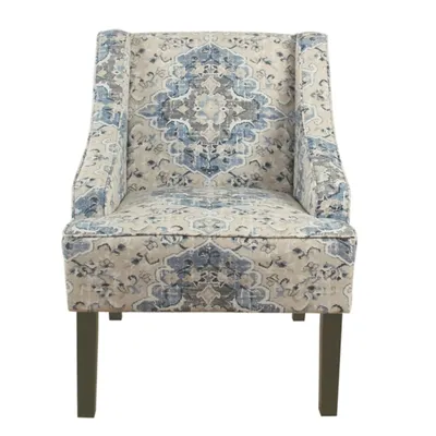 Blue Antiqued Medallion Swoop Arm Accent Chair