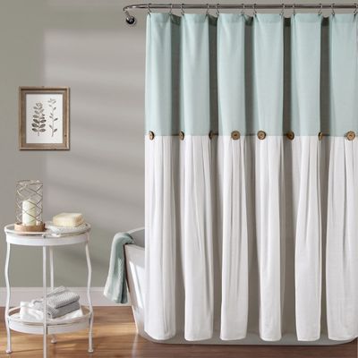 Blue and White Button Accent Linen Shower Curtain