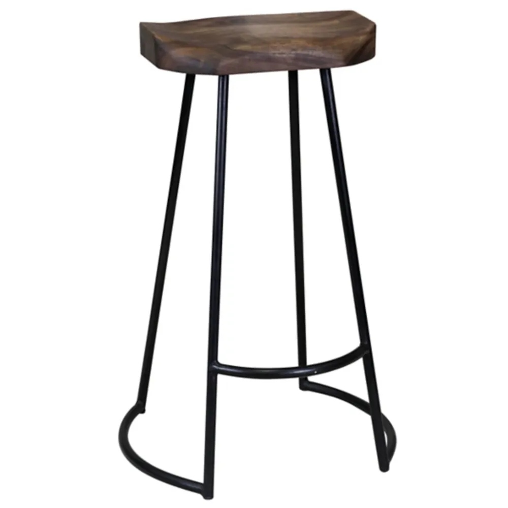 Acacia Wood Seat Wrought Iron Base Bar Stool