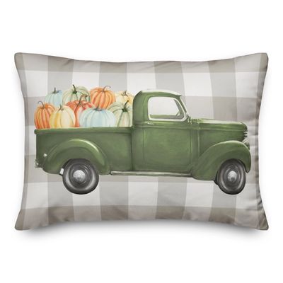 Green Truck with Pumpkins Tan Buffalo Check Pillow