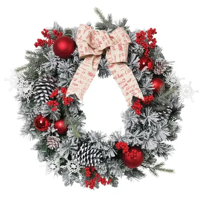 Flocked Pine Wreath with Berries and Ornaments