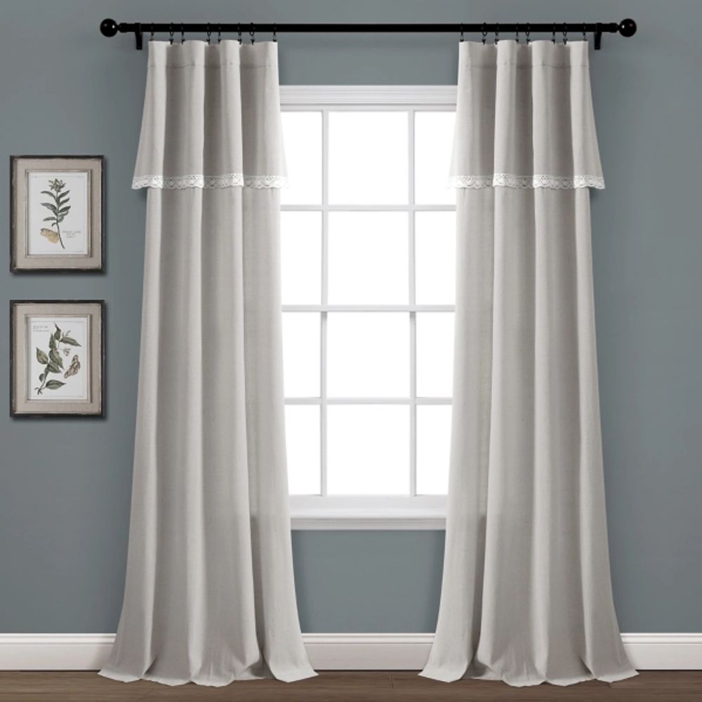 Light Gray Linen Lace Curtain Panel Set, 84 in.