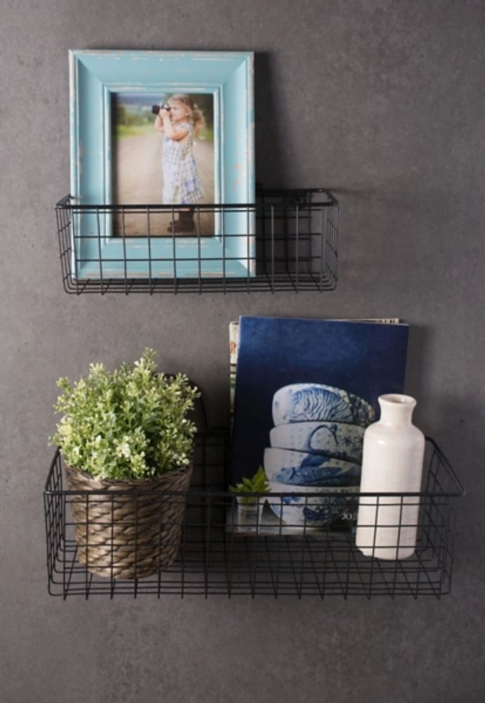 Black Wall Hanging Wire Baskets, Set of 2