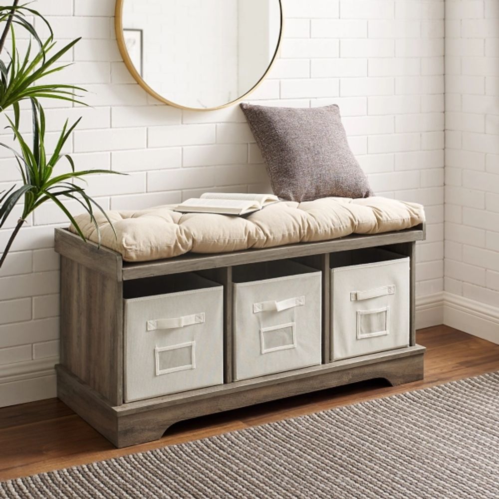 Gray Wash Entryway Bench and Storage Bins