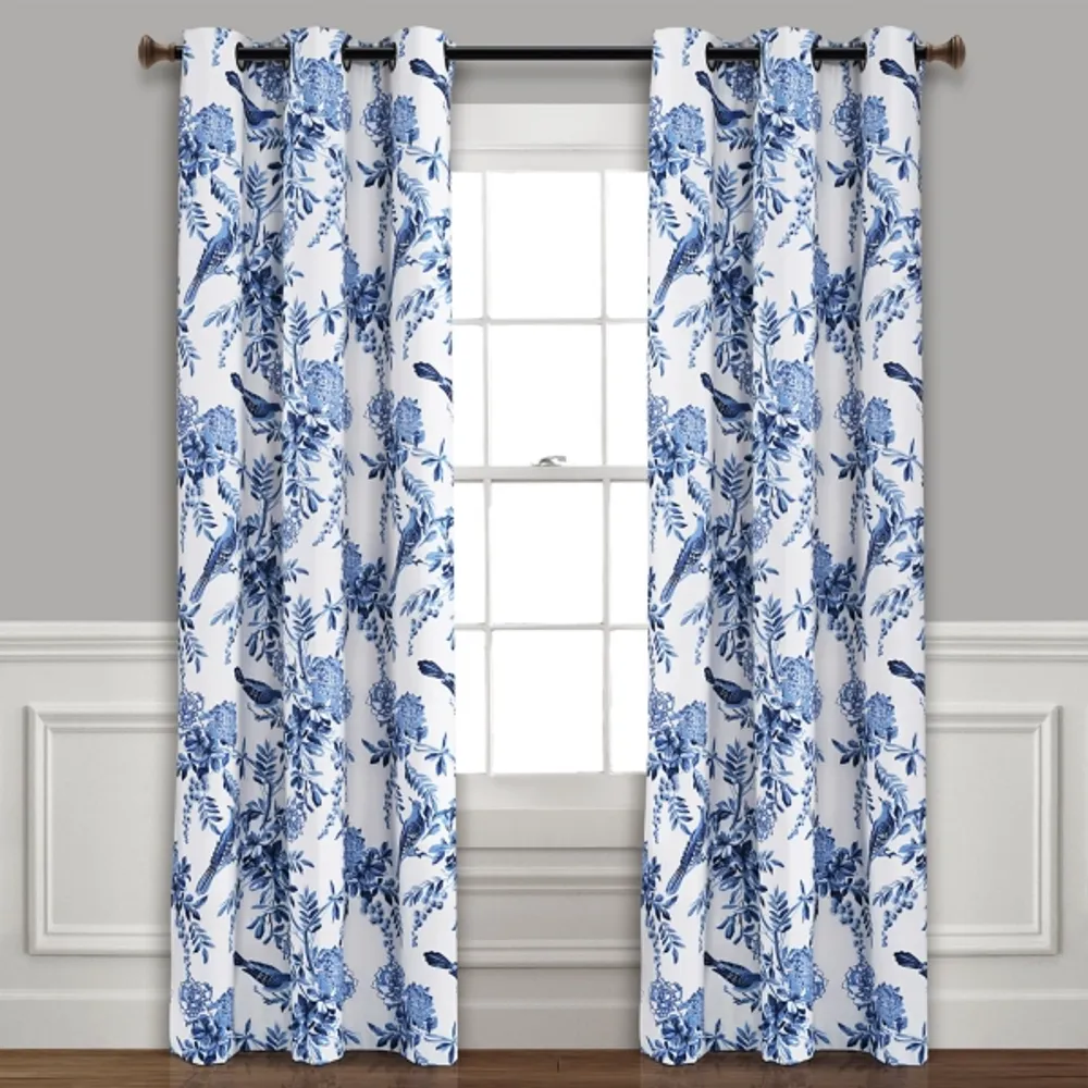 White and Blue Grommet Curtain Panel Set, 84 in.