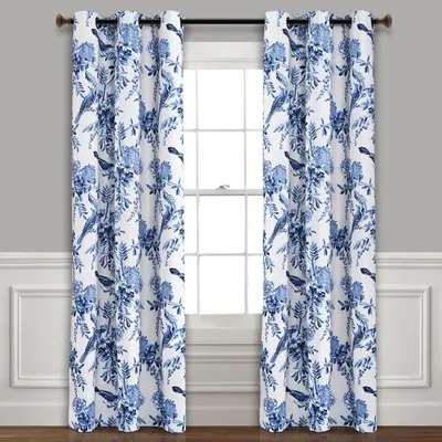 White and Blue Grommet Curtain Panel Set, 84 in.
