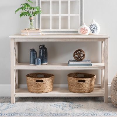 Cream Wooden Plank X-Frame Console Table