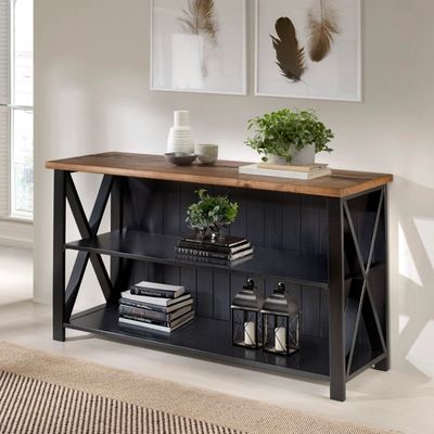 Black and Rustic Oak Wood Farmhouse Console Table