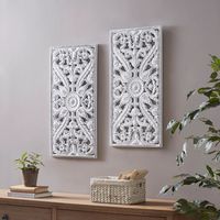 Botanical Wood Carved Panel Wall Plaques, Set of 2