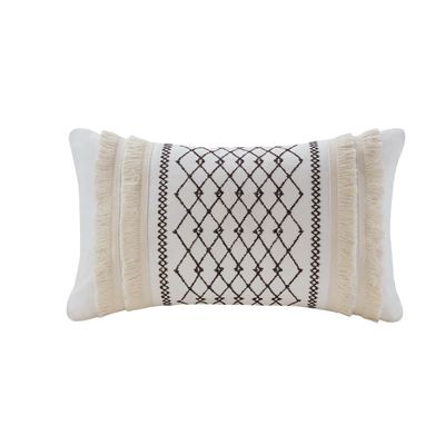 Ivory Cotton Embroidered Tassel Accent Pillow