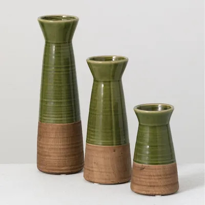 Green and Brown Ceramic Vases, Set of 3