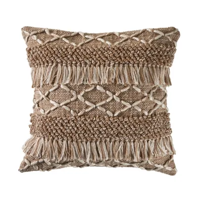 Neutral Geometric Fringe Accent Pillow