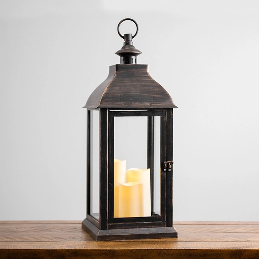 Bronze Plastic Lantern with LED Pillar Candles