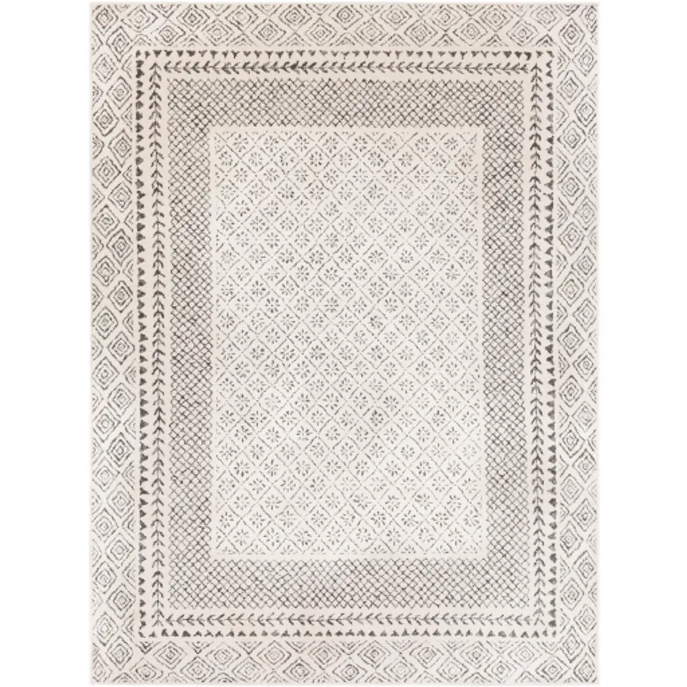 Gray and Cream Border Harrah Area Rug, 7x10