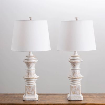 Distressed Cream Carved Table Lamps, Set of 2