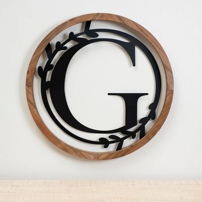 Wood and Metal Laurel Monogram Plaque