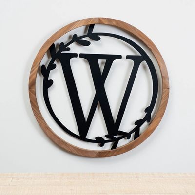 Wood and Metal Laurel Monogram W Plaque