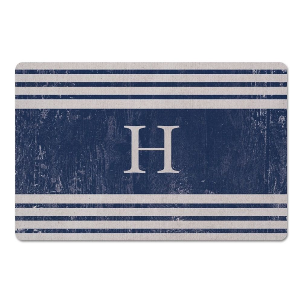 Distressed Navy Stripe Monogram H Kitchen Mat