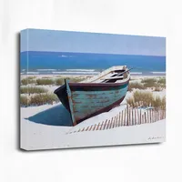 Blue Boat On Beach Canvas Art Print