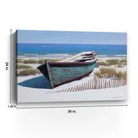 Blue Boat On Beach Canvas Art Print