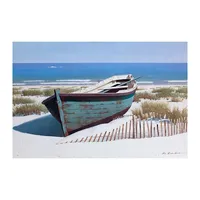 Blue Boat On Beach Canvas Art Print
