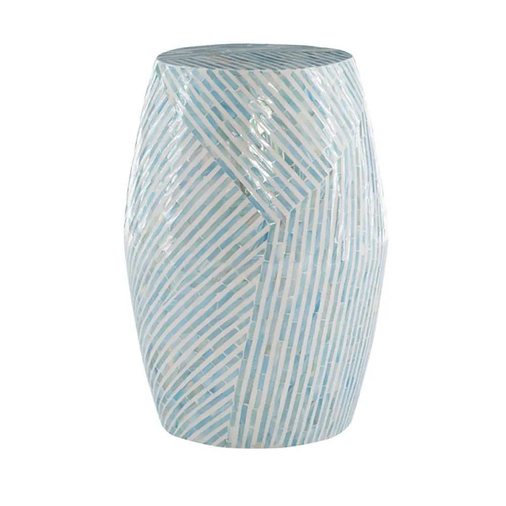 Blue and White Mosaic Capiz Shell Drum End Table